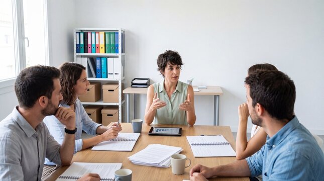 Business team engaged in a meeting with a woman presenting data on a digital tablet