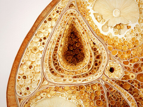 Human pineal gland anatomy sagittal brain cross section illustration showing glandular tissue structure and diencephalon position in warm amber gold tones on white background