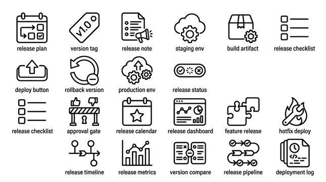 Software release management line icons for project workflow deployment and automation.