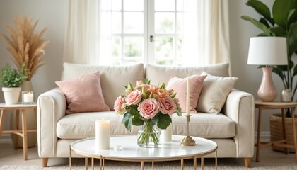 Fototapeta premium Cozy living room setup. Cream sofa with pink pillows. Flowers, candles, and decor on coffee table. Natural light from window. Minimalist interior design.