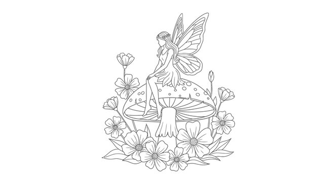 Fairy Sitting on Mushroom Vector Illustration, Enchanted Forest Fantasy Line Art Drawing for Coloring Book Page or Decorative Print Design