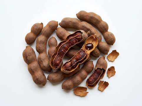 Tamarind fruits and seeds on a clean white surface