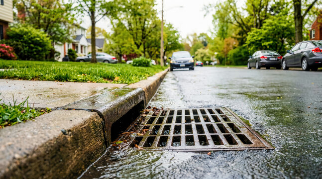 Storm drain on a suburban street after spring rain. Water flowing into a metal grate with cars parked in the background