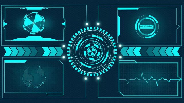 Advanced digital control panel merges world map and timer. Innovative digital control panel alerts radiation symbol. Digital control panel enhances tech visuals smoothly.