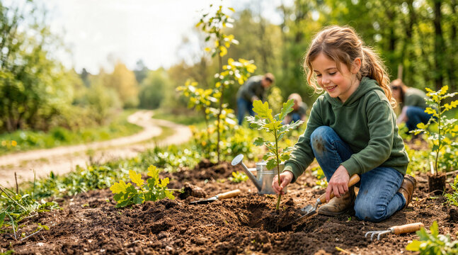 Smiling young girl planting an oak sapling in the forest. Child volunteering for environmental conservation and reforestation