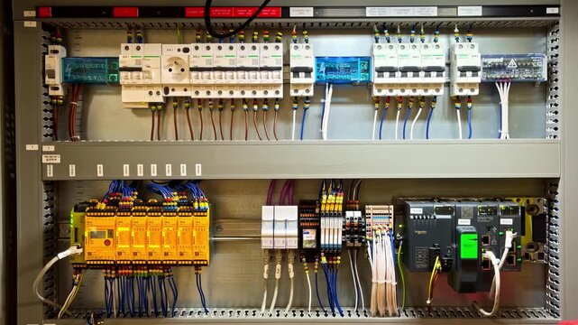 Industrial electrical control cabinet with PLC modules, breakers, relays, and neatly wired components inside an automation panel for factory control systems.
