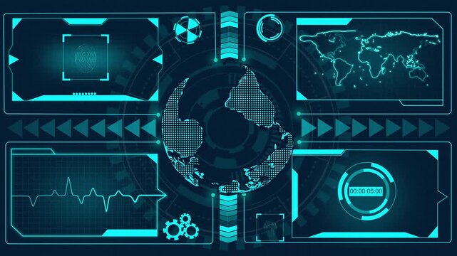 Futuristic digital interface displays global data and biometrics. Interactive digital interface tracks time and tech. Digital interface enhances visuals with precision.