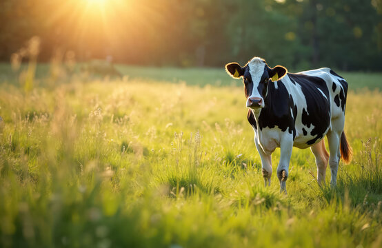 Black and white cow stands in green meadow during sunset. Golden sun rays shine on the grass field and the animal. Peaceful farm landscape scene.