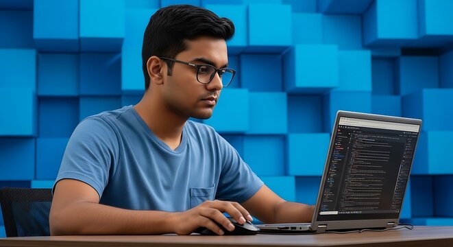 Young man with glasses focused on laptop, coding at desk with blue block backdrop