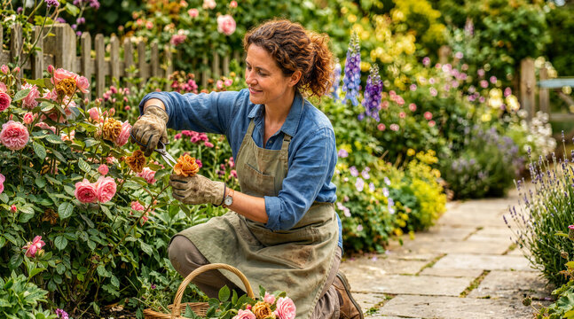 Smiling woman deadheading spent peach roses in a vibrant garden. Female gardener kneeling on a stone path pruning flowers with secateurs