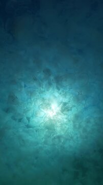 View from bellow of big cluster of moon jellyfish floating beneath water's surface against blue sky and bright sun, backlit by sunrays. Mass of medusas drifting through sea in sunshine, bottom view