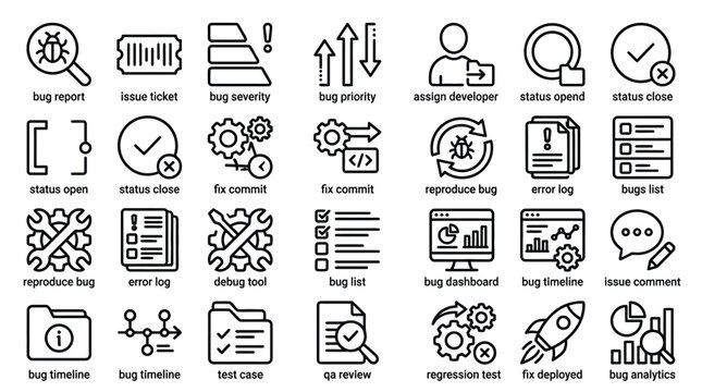 Software bug report and issue tracking icons set for quality assurance and debugging.