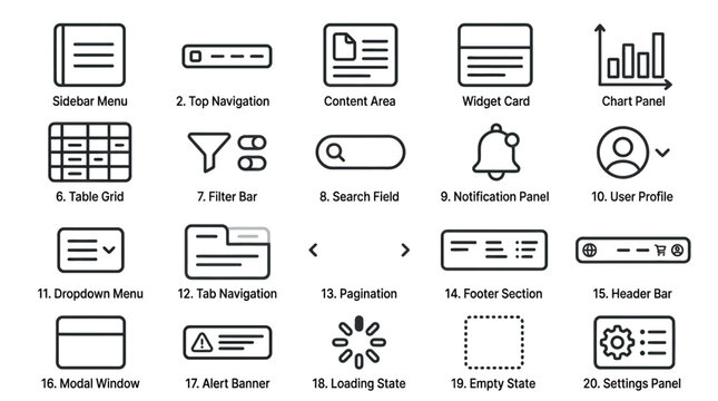 User interface design components icons set for website layout and dashboard elements.