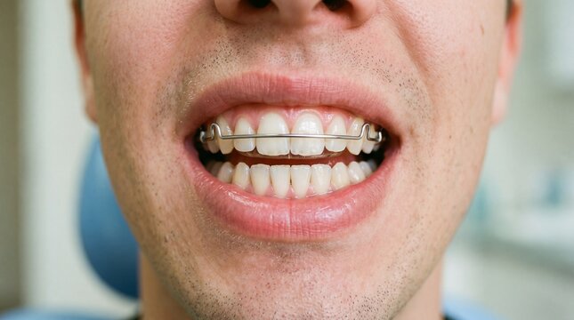 A man's mouth with a dental retainer or brace on his teeth