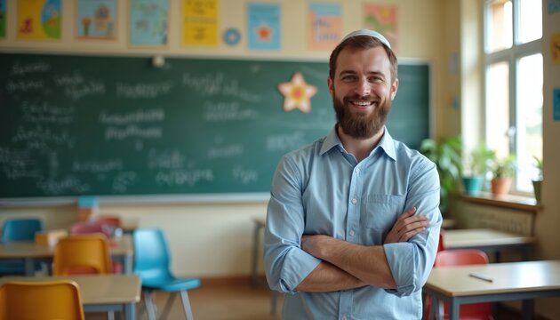 Smiling Jewish man wears kippah, stands in bright classroom with green blackboard. He is a teacher, arms crossed, looking at camera. Educational setting with desks and posters.