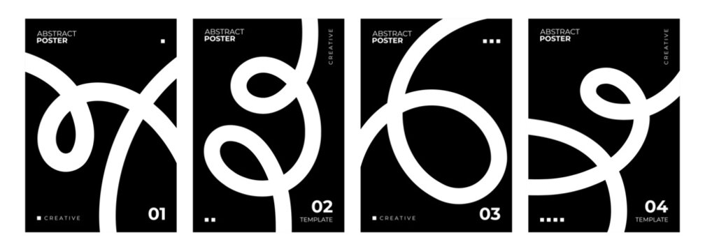 Abstract posters collection. White curved thick lines on black background. Vector illustration.	