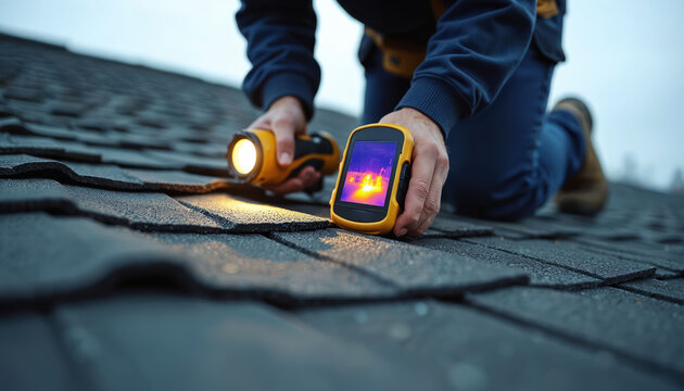 Building inspector uses thermal camera and flashlight on asphalt shingle roof for inspection. Professional checks for heat loss or moisture, identifies roof damage before winter.