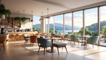 Obraz premium Sunlit cafe interior features modern seating, wood accents, and large windows with scenic mountain views
