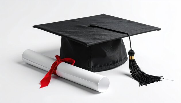 Black graduation cap with tassel beside a rolled diploma tied with red ribbon on white background