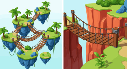 Fantasy Floating Islands with Wooden Bridges and Canyon Rope Bridge Scene, Adventure Landscape Game Environment Cartoon Vector Illustration Set © MdMohsin