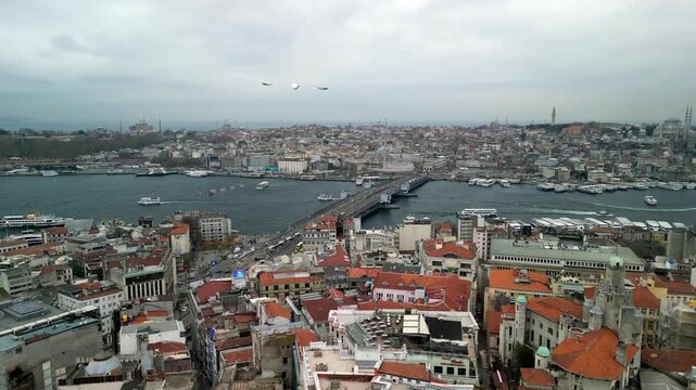 Istanbul/Turkey circa 2023: backward from the Golden Horn near the Galata tower