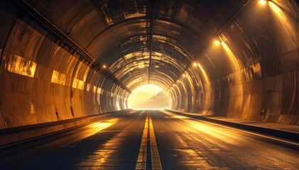 Fototapeta premium Illuminated road tunnel with glowing lights reflects golden hues on wet pavement, creating a warm atmosphere