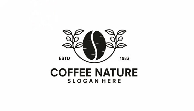 Coffee bean logo with laurel leaves and the text Coffee Nature slogan for brand identity and cafe branding