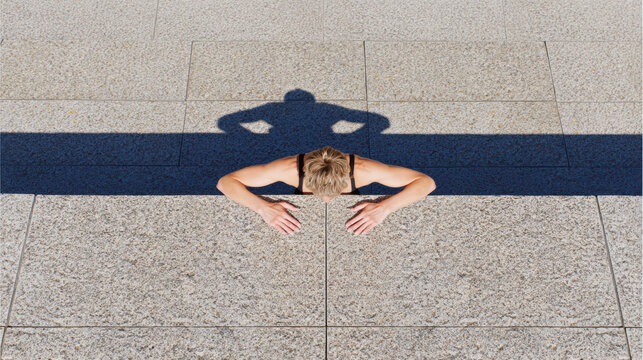 Athlete doing pull up on concrete ledge casting bold shadow, strong arms and focus