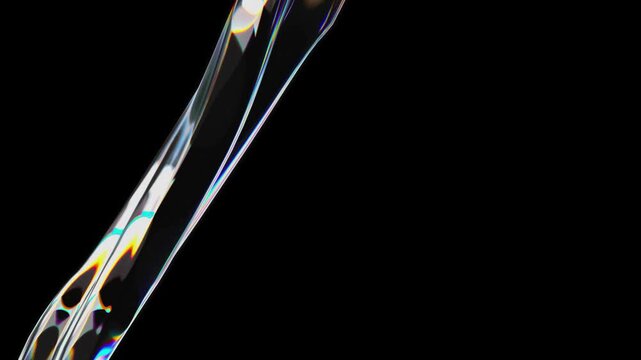 Elegant glass wave with iridescent prism edges and chromatic aberration floating in a black void showing light dispersion and futuristic liquid transparency