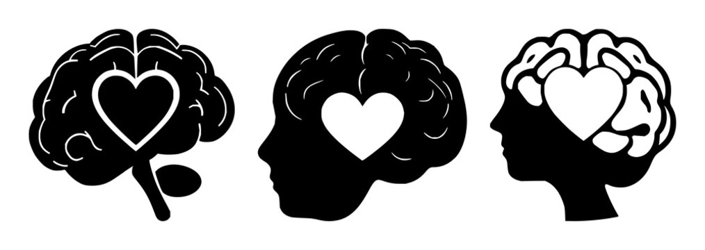 Mental health brain with heart set with solid black icon, white background featuring mental health, heart, icon design with illustration and vector