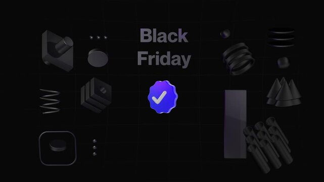 Collection of dark 3d geometric objects and abstract shapes including springs and cylinders centered around a blue checkmark badge for a black friday marketing campaign