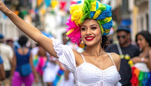 A vibrant street parade features a smiling woman in colorful attire with festive decorations