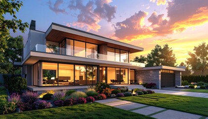 Fototapeta premium Modern house with large windows during sunset, featuring a lush garden and clear sky