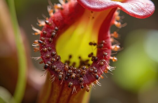 Many ants crawl inside red pitcher plant, carnivorous flora. Insect trap closeup, insectivorous plant in garden, nature macro shot. Bug prey awaits deadly doom.