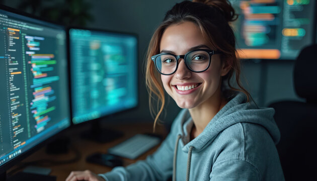 Smiling woman programmer wears glasses works on computer code at dark office. Young female coder types on keyboard, multiple screens display data. Tech pro busy with software development.