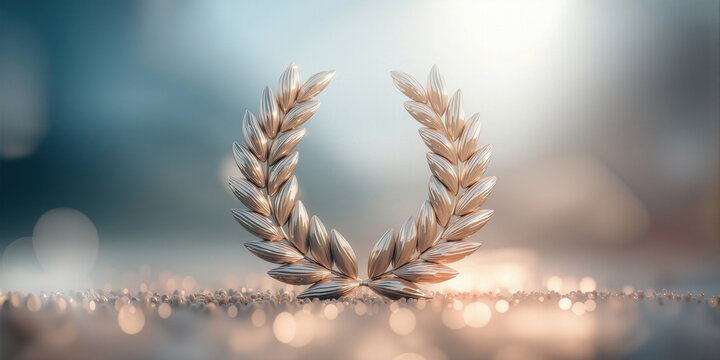 Prestigious laurel wreath emblem representing harvest success on shimmering reflective surface