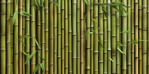 Fototapeta premium Stylish Bamboo Fence Design Surrounded by Lush Greenery, Showcasing Asian Cultural Aesthetics