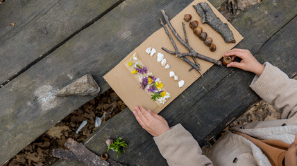 Obraz premium Child's hands creating nature art with flowers, acorns, and sticks on cardboard