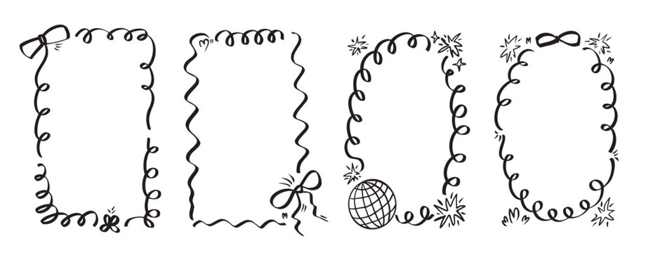 Elegant ribbon frames with wavy borders perfect for bachelorette party invitations, wedding signage. Festive celebration designs with decorative bow, disco ball, twinkles retro charm. Vector frame.