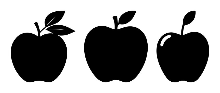 Apple teacher icon set with solid black apple shape on white background featuring education, teaching, iconography with classroom and learning