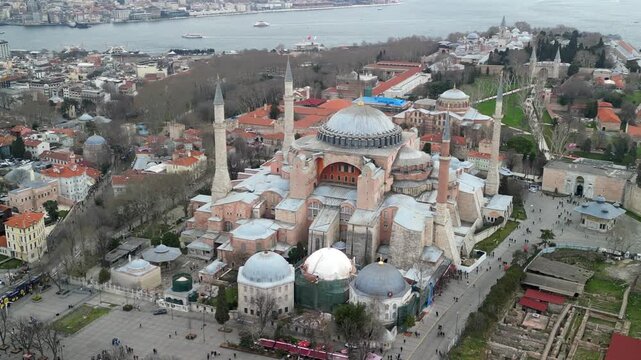 Istanbul Hagia Sophia mosque with Bosphorus in the background rotation shot