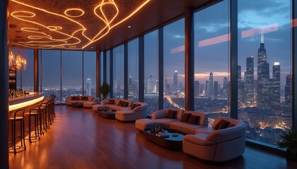 Fototapeta premium Luxury rooftop bar offers stunning city skyline at night. Modern lounge area with comfortable seating and panoramic views. Elegant interior design with ambient lighting and upscale bar.