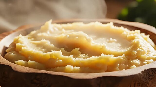 Delicious Steaming Mashed Potatoes in a Rustic Wooden Bowl.