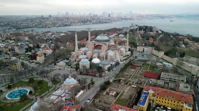 Istanbul Hagia Sophia mosque with Golden Horn in the background circling shot