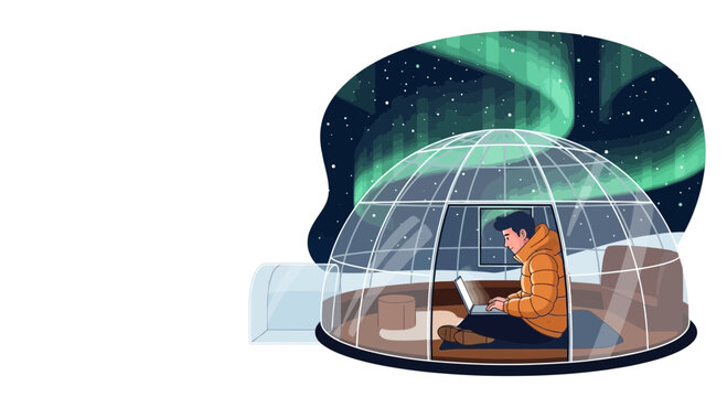 Vector illustration Digital nomad works on laptop in a glass igloo, beneath the Northern Lights. Remote productivity and unique travel combine