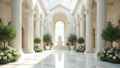Obraz premium Grand interior atrium features marble floor columns, abundant plants. Natural light streams through large skylight illuminating elegant architecture, decorative plants. Central statue adds to opulent