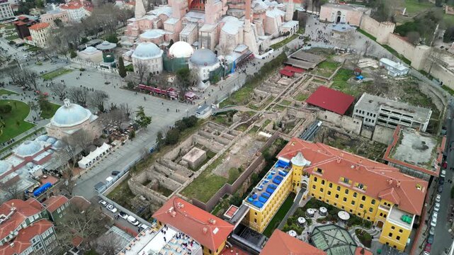 Istanbul Hagia Sophia mosque, Halich, and Golden Horn, reveal shot