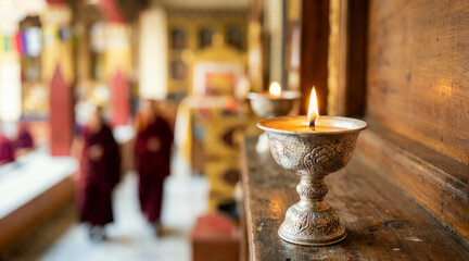 Naklejka premium Close up of a lit silver butter lamp in a Buddhist temple. Blurred monks in maroon robes walking in the background. Buddha's Birthday celebration concept
