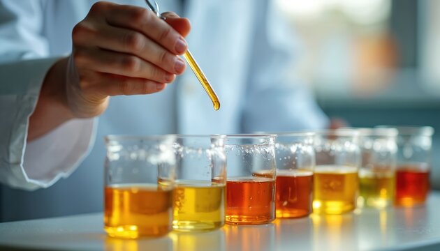 Scientist in lab coat tests liquid in beaker. Researchers analyze flavor compounds. Food science, chemistry experiments, taste engineering analysis in lab.