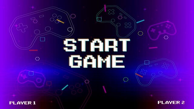 START GAME. pixel art 8 bit game. Retro Futurism Sci-Fi Background. glowing neon grid and star from vintage arcade computer games